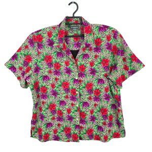 Womens Notations Floral & Leopard Print Blouse Short Sleeve Button-Up Size 1X
